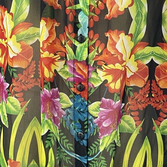 Roz & Ali Medium Top Floral 3/4 Balloon Sleeves Button-Up Sheer Tie-Front Multi - Picture 2 of 10